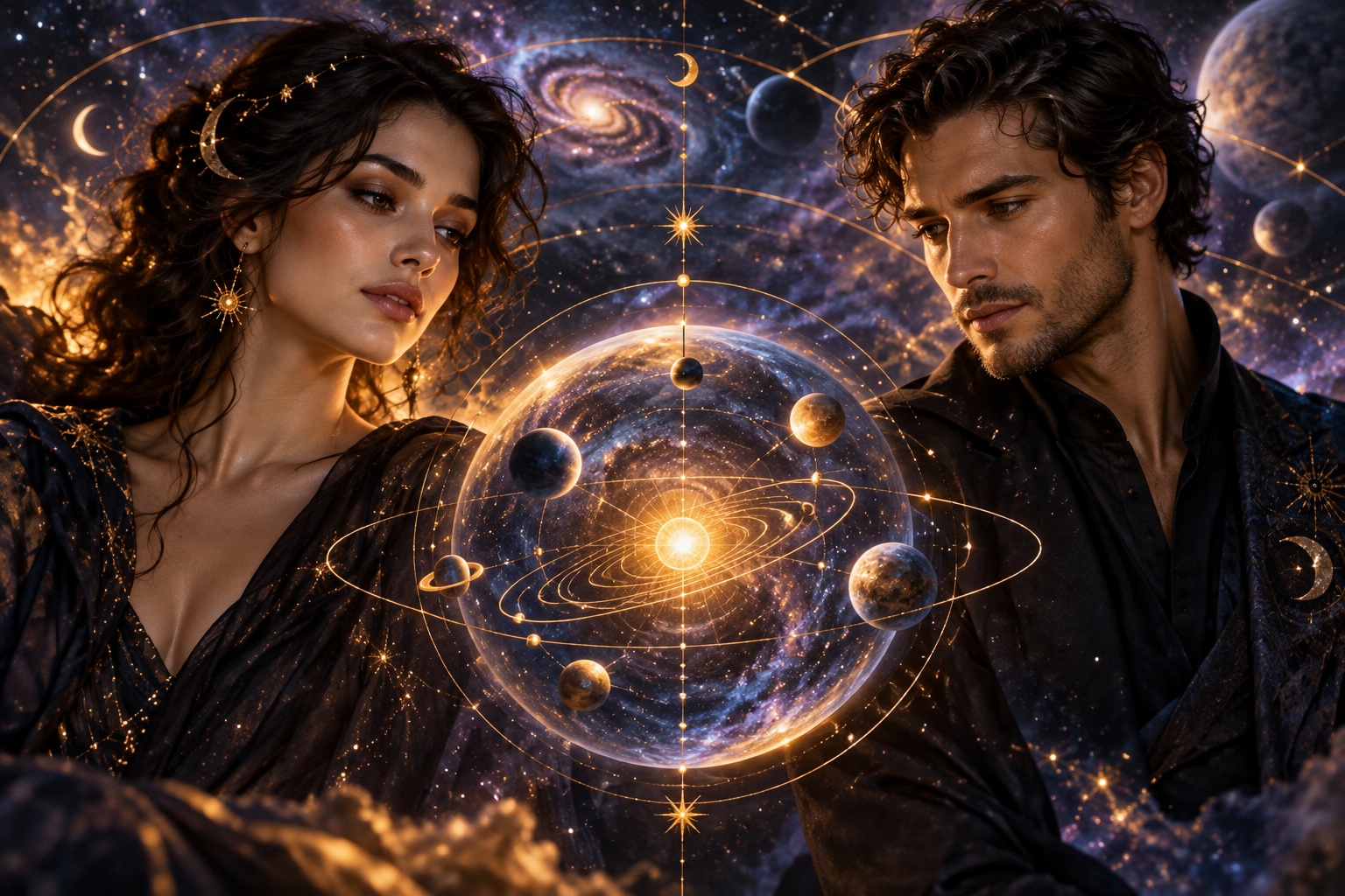 Deux personnages imaginaires dans un univers d’étoiles et d’orbites dorées